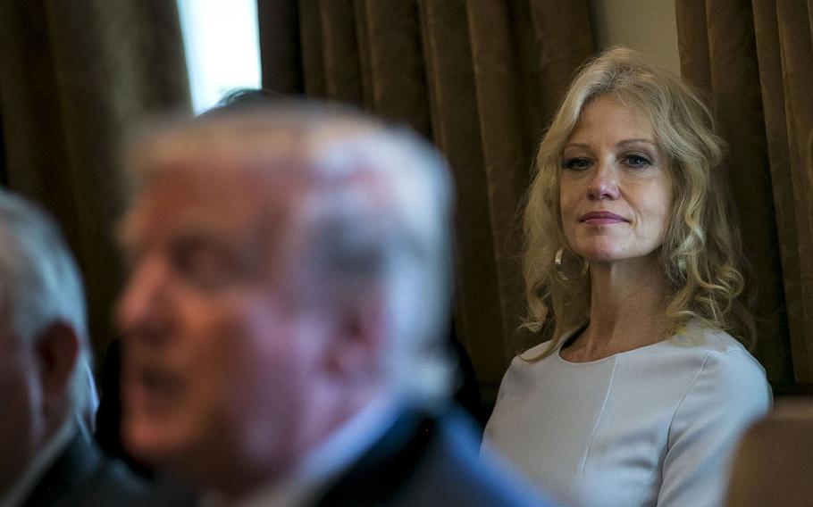 Kellyanne Conway listens as U.S. President Donald Trump speaks during a cabinet meeting at the White House in 2017. 