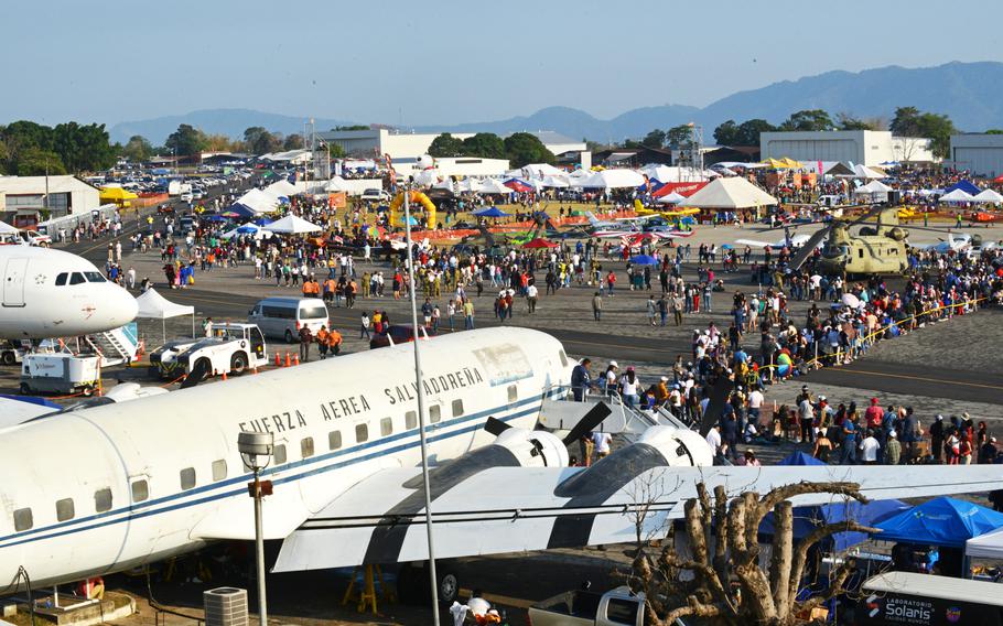 Thousands of spectators converge on the Ilopango International Airport, Saturday, Feb. 17, 2024, in El Salvador. 