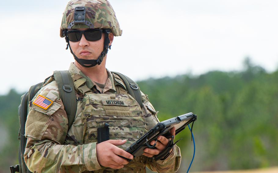 A soldier with the Army’s Experimental Platoon participates in an Army Expeditionary Warfare Experiment demonstration of robotics capabilities in an infantry platoon on Tuesday, Feb. 27, 2024, at Fort Moore, Ga. 
