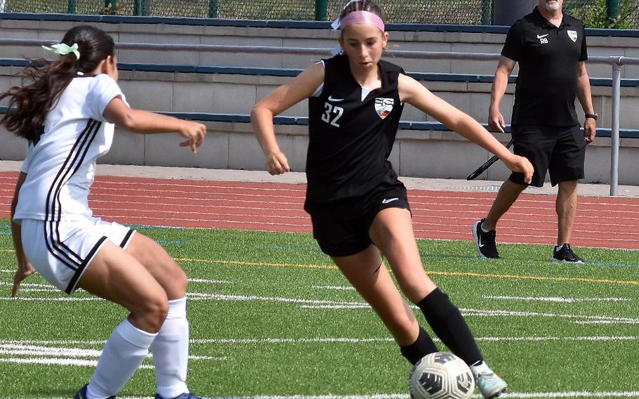 Stuttgart’s Anna Allen, a freshman forward, helped spark the Panthers’ 7-0 shutout of SHAPE on Wednesday during the DODEA-Europe Division I girls soccer semifinals at Ramstein Air Base, Germany. The No. 2 seed Panthers will face the No. 1 seed Ramstein in the finals on Thursday, a rematch from the 2024 championship, which the Royals won.