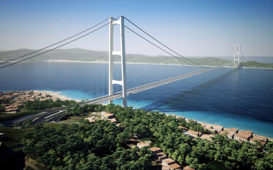 An illustration of a suspension bridge over water.