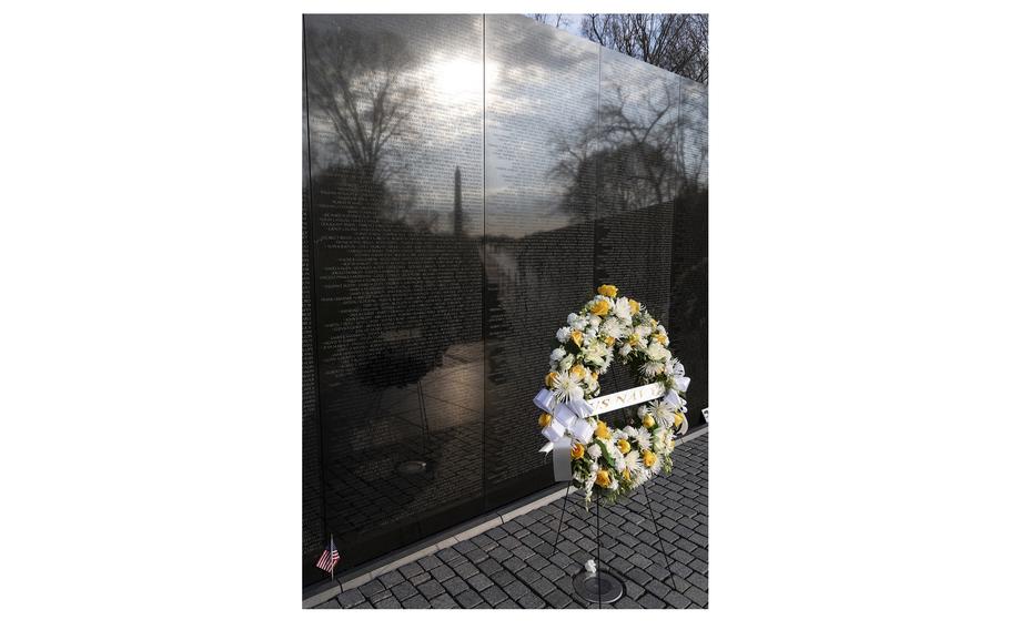 A U.S. Navy wreath awaits a National Vietnam War Veterans Day ceremony in Washington, D.C., March 29, 2024.