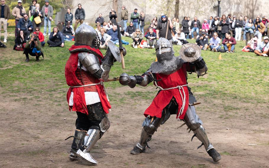 Two knights search for the advantage during a tough round at the Gladiators NYC event this spring. One-on-one sword fighting is just one type of contest in the sport of medieval armored combat. 