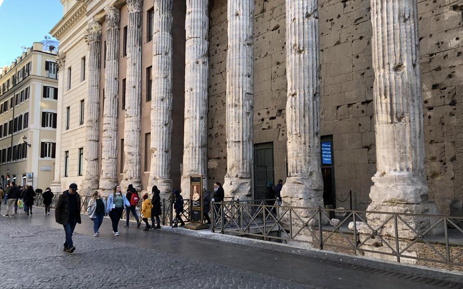 Rome's Hadrianeum, a temple dedicated in 145 C.E., is free and open on weekdays, offering an immersive experience to see events at the temple over time. 