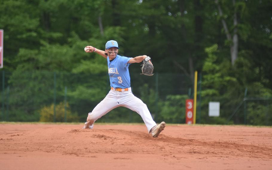 Sigonella's CJ Davis was dominating Friday, May 19, 2023, striking out seven of the first eight batters he faced and combining with Drake Dawson on a no-hitter against Vicenza in the DODEA-Europe Division II/III baseball championships in Kaiserslautern, Germany.