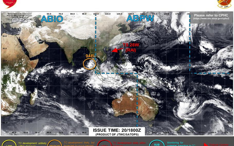 Rai strengthens slightly, remains forecast to move northeast, dissipating early Wednesday morning just west of Taiwan.