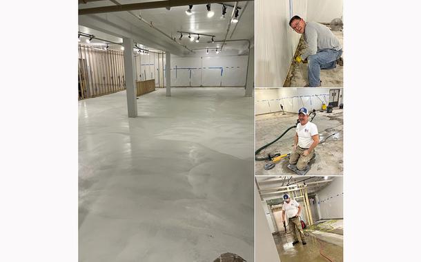 Volunteers put in many hours to complete work on the floor in the Veteran Community Room at the new Americans for Independent Living facility in Waterloo, Iowa, in December 2023.