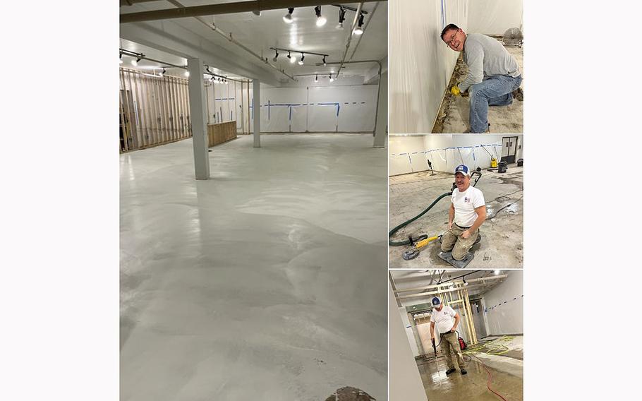 Volunteers put in many hours to complete work on the floor in the Veteran Community Room at the new Americans for Independent Living facility in Waterloo, Iowa, in December 2023.