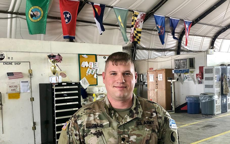 Spc. Timothy Gillis, 30, of Denton, Md., is a maintainer with the 169th Aviation Regiment of the Maryland National Guard. At Camp Bondsteel he maintains the bases UH-60 Black Hawk helicopters.