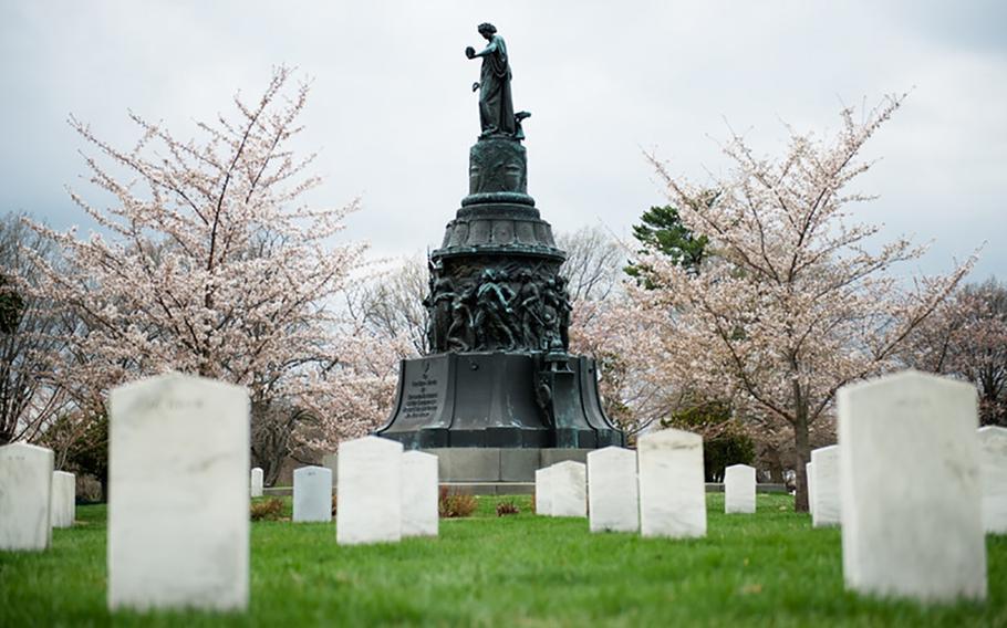 Cherry trees bloom in Jackson Circle around the Confederate Monument in Section 16 of Arlington National Cemetery, April 7, 2015, in Arlington, Va. The Confederate Monument was unveiled June 4, 1914, according to the ANC website.