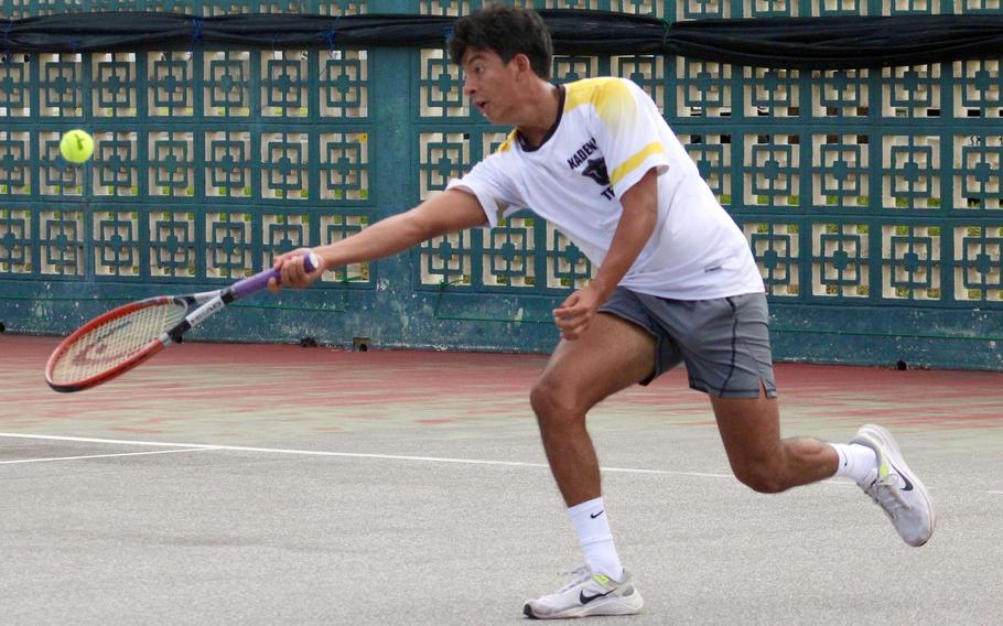 Kadena's Gabriel Fino lost his second-round match to E.J. King's David Axsom in Tuesday's Far East tennis tournament boys singles.