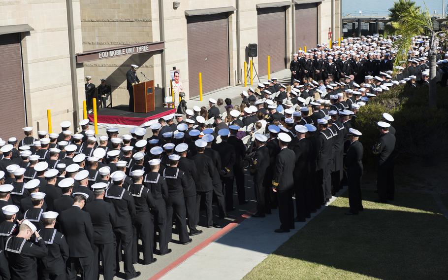 Sailors gather for a memorial service in honor of Chief Petty Officer Jason Finan on Nov. 10, 2016, at Naval Amphibious Base Coronado, Calif. Finan was killed in action Oct. 20, 2016, while deployed to Iraq supporting SEAL Team Five and Special Operations Task Force-Iraq.