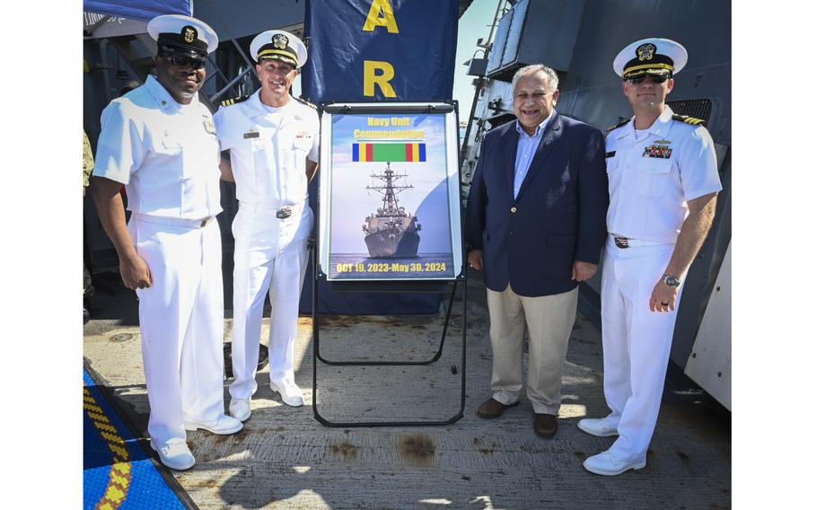 Secretary of the Navy Carlos Del Toro welcomes home the Arleigh Burke-class destroyer USS Carney (DDG 64) from deployment on Sunday, May 19, at Naval Station Mayport, Fla.  Del Toro awarded the Navy Unit Commendation to the Carney for “outstanding performance against terrorist forces during their nearly eight-month deployment.” 