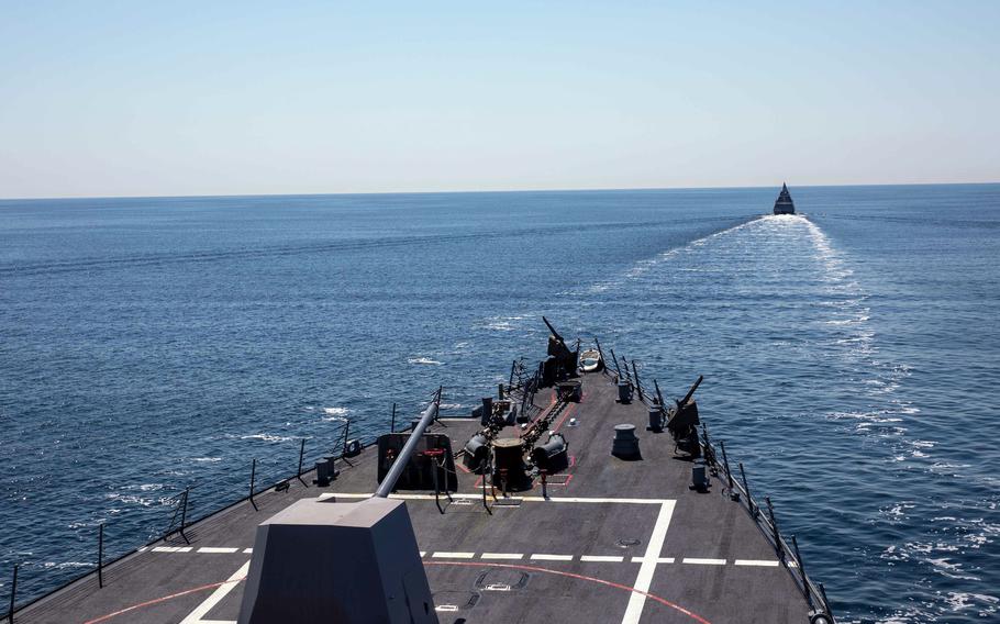 The destroyer USS Roosevelt sails in formation with the Swedish navy HSWMS Karlstad as part of Baltic Operations, or BALTOPS, in June 2021. The 2022 BALTOPS takes place from June 5-17, with 16 nations, over 45 ships, more than 75 aircraft, and approximately 7,000 personnel participating.