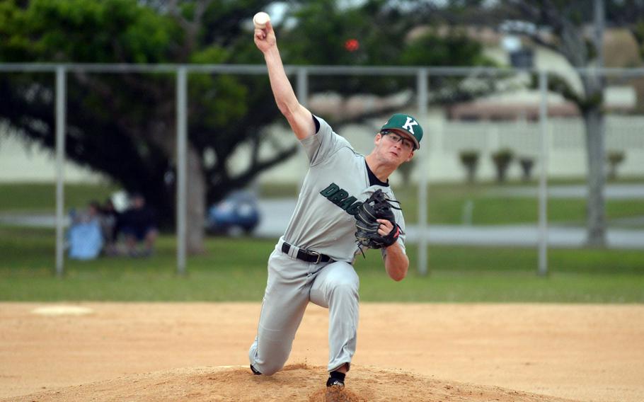 Kubasaki right-hander Lukas Gaines delivers against Kadena during Monday's DODEA-Okinawa season-opening baseball game. The Panthers rallied to win 10-8.