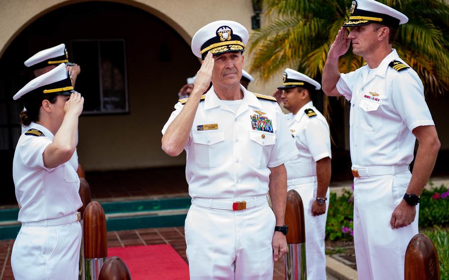 Vice Adm. Stephen Koehler, commander of U.S. Third Fleet, during a ceremony at Naval Air Station North Island in San Diego on May 3, 2022.