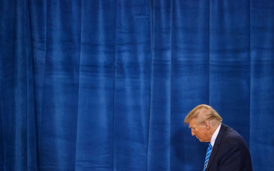 Former U.S. president Donald Trump leaves the stage during a campaign event at Big League Dreams Las Vegas in Las Vegas, on Saturday, Jan. 27, 2024. 