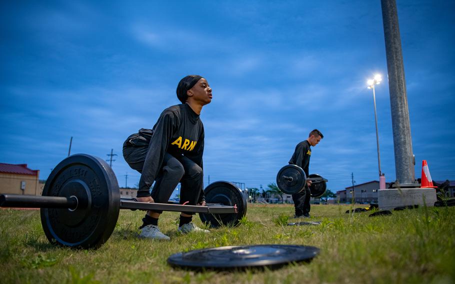 Spc. Lauresa Bruce, of 75th Field Artillery Brigade, Fort Sill, Okla., conducts the Army Combat Fitness Test's maximum deadlift event during a training session on April 22, 2021.