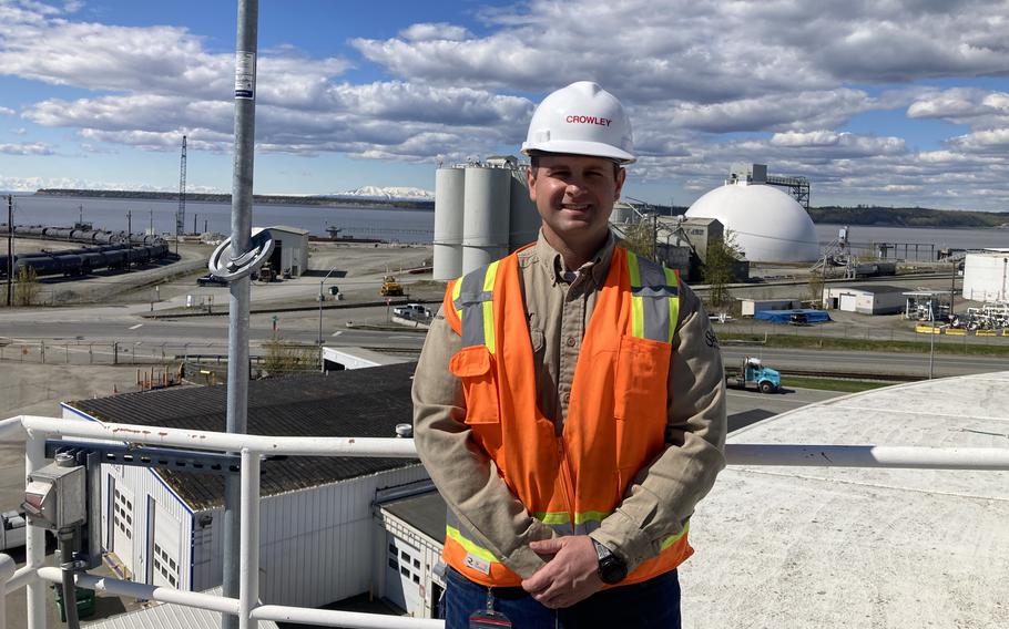 Capt. James “Jimmy” DiCarolo on a fuel storage tank as part of his year with Crowley Maritime in Anchorage, Alaska, in 2021-2022 as part of the Army’s Training with Industry program. 