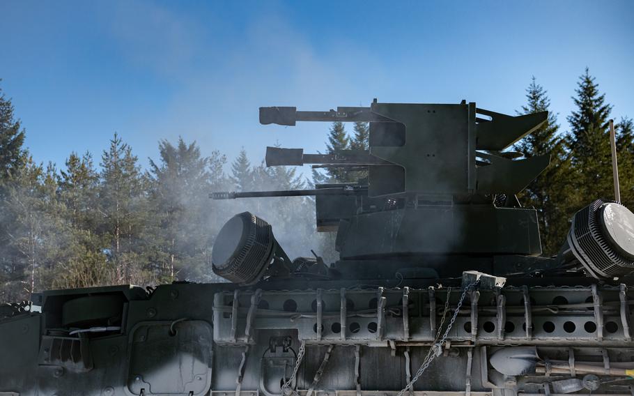 The maneuver short-range air defense, or M-SHORAD, fires at Grafenwoehr Training Area, Germany, Feb. 9, 2023. The system consists of a Stryker armored fighting vehicle equipped with a Stinger missile launcher, a 30mm cannon, M240 machine gun and a sophisticated radar system.
