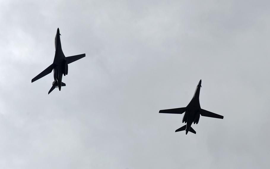 A B-1B Lancer peels off to come in for a landing at Spangdahlem Air Base, Germany, Oct. 11, 2021. The pair, from the 9th Expeditionary Bomb Squadron, Dyess Air Force Base, Texas, refueled at Spangdahlem using the Versatile Integrating Partner Equipment Refueling kit, or VIPER.