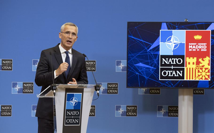 NATO Secretary-General Jens Stoltenberg gives a news conference June 27, 2022, at the alliance’s headquarters in Brussels. He called the upcoming NATO summit in Madrid “transformative.”