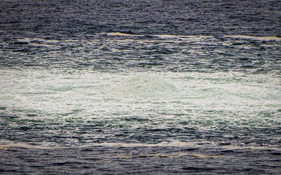 The water above a gas leak in the Baltic Sea churns and bubbles on Sept. 29, 2022.  Following the suspected sabotage of the Nord Stream 1 and 2 pipelines that carry Russian natural gas to Europe, there were two leaks off Sweden, including a large one above North Stream 1, and a smaller one above North Stream 2. 