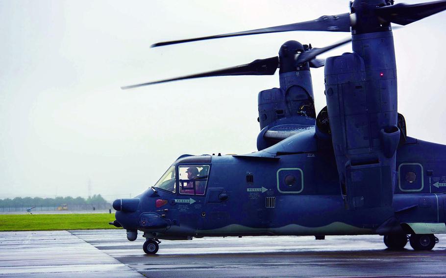 A CV-22 Osprey takes part in an elephant walk at Yokota Air Base, Japan, May 21, 2020.