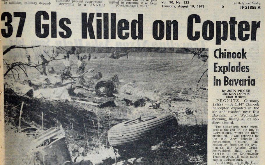 The Stars and Stripes Aug. 19, 1971 front page with the news of a Chinook helicopter crash that killed 37 soldiers in Bavaria the day before. Family members and others recently gathered near Pegnitz, Germany, to pay tribute to the victims on the 50th anniversary of the tragedy. 