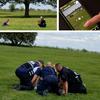 Top left: Marine veteran Taylor Ware, left, sits in a field approached by a police officer and canine at a highway rest stop in Dale, Ind., on Aug. 25, 2019. Top right: Family friend Pauline Engle during a June 8, 2023, interview in Kansas City, Mo., shows a video on her phone of the Aug. 25, 2019, encounter with police that led to Taylor Ware’s death. Bottom: Taylor Ware is restrained by law enforcement and emergency medical personnel during the Aug. 25, 2019, incident.

