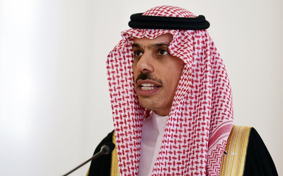 Saudi Foreign Minister Prince Faisal Bin Farhan Al-Saud makes statements during his visit in Athens, Greece, on Jan. 4, 2022. Foreign ministers from Saudi Arabia and other Middle Eastern states are visiting Beijing for meetings with officials from the world’s second largest economy, a leading consumer of oil and source of foreign investment.