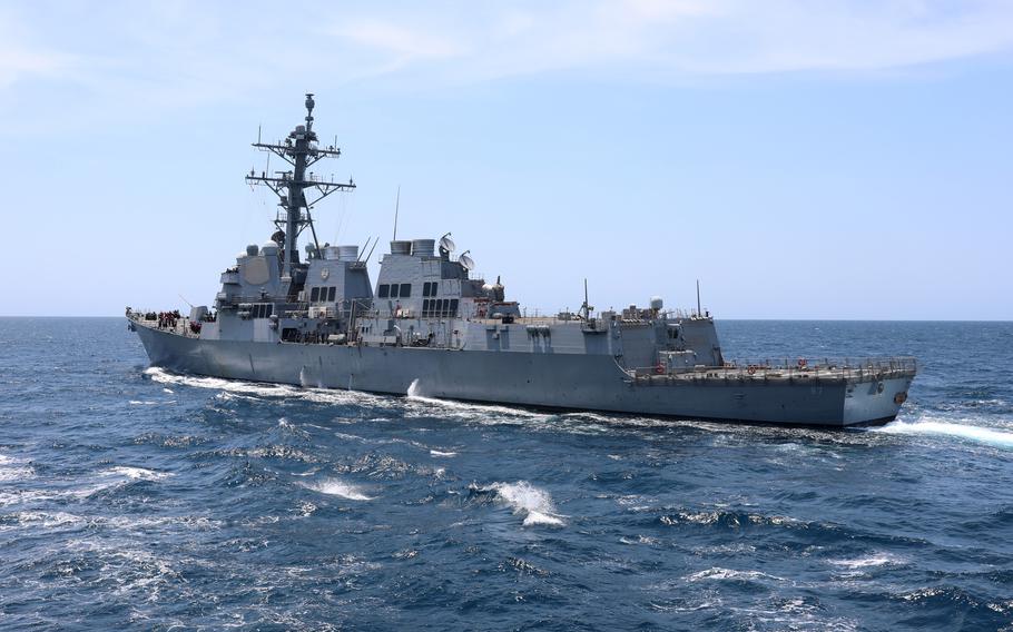 The guided-missile destroyer USS Mason, shown here in July 2021, shot down a drone and a ballistic missile in the Red Sea on Dec. 28.