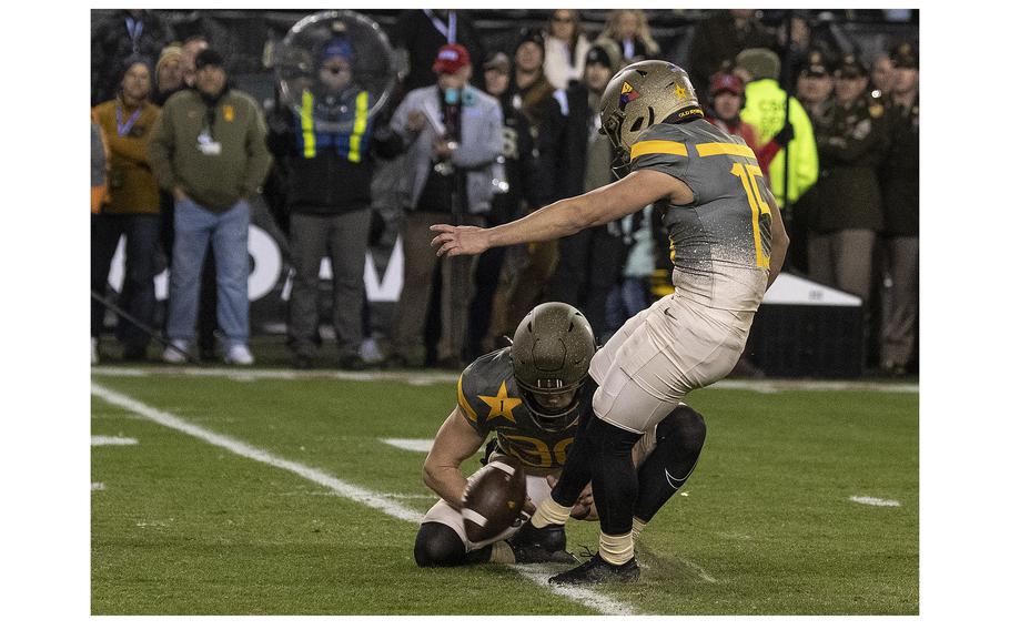 Army Black Knights kicker Quinn Maretzki kicks a field goal during the 123rd Army-Navy football game held at Philadelphia’s Lincoln Financial Field stadium on Saturday, Dec. 10, 2022. Army beat Navy 20-17 in double overtime.