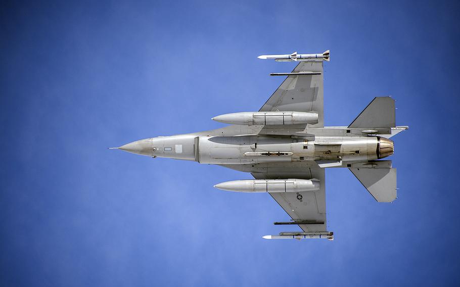An F-16 Fighting Falcon flies above Buckley Air Force Base, Colo., on May 5, 2015. 