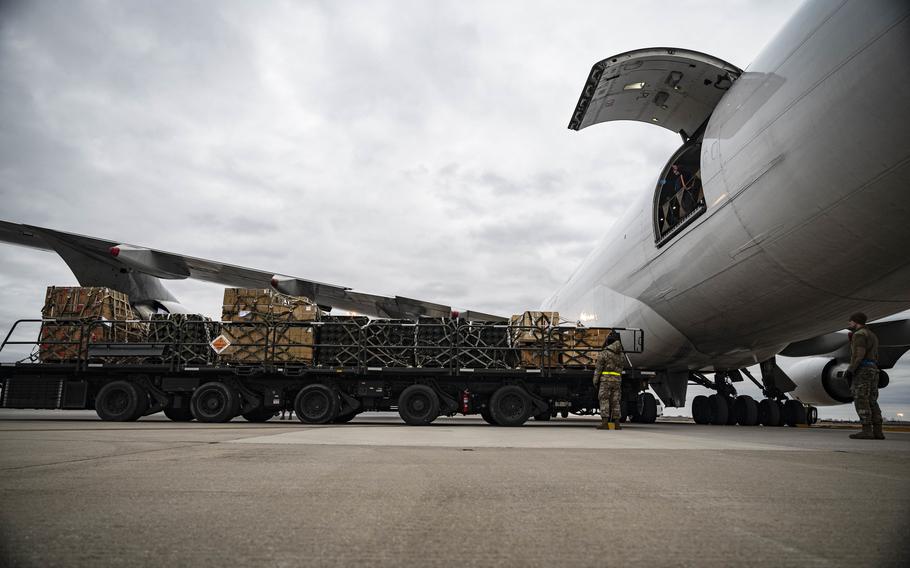 Airmen from the 436th Aerial Port Squadron load cargo during a security assistance mission at Dover Air Force Base, Del., Jan. 13, 2023. The Pentagon on Wednesday, Dec. 27, 2023, announced a new military aid package for Ukraine.