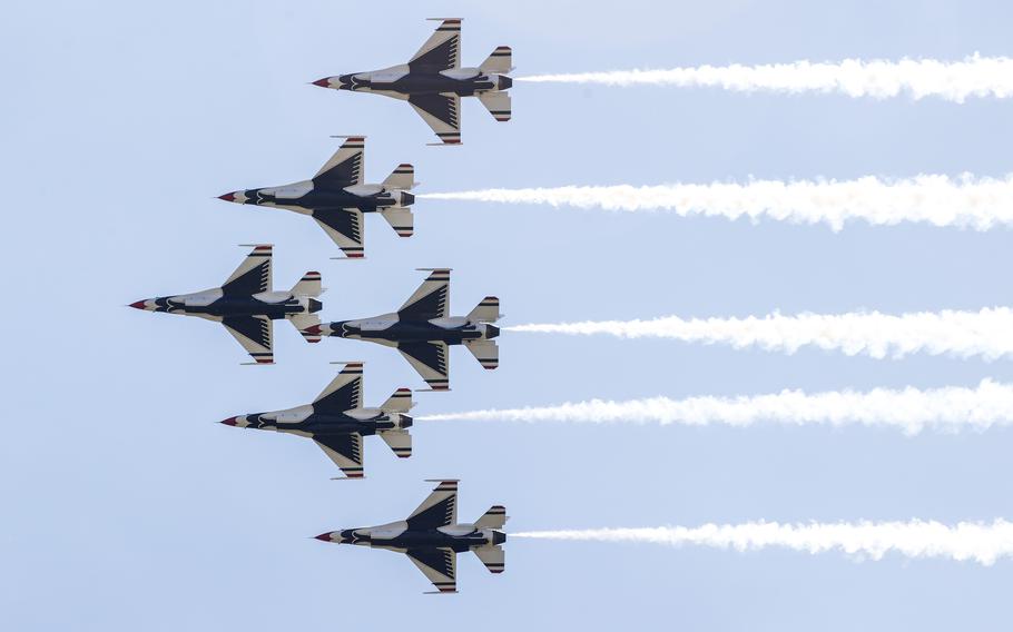 The United States Air Force Thunderbirds perform during Tampa Bay Airfest at MacDill Air Force Base.