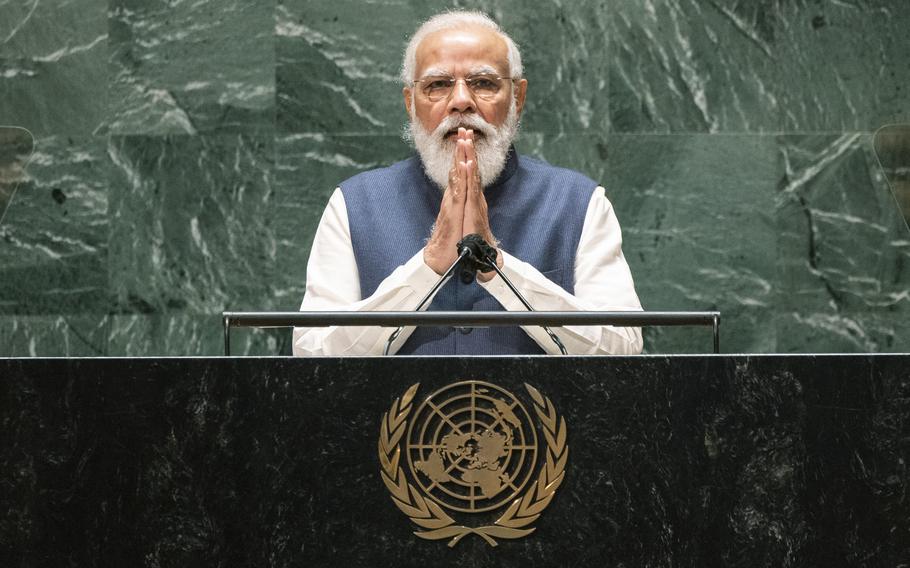 India’s Prime Minister Narendra Modi addresses the 76th Session of the U.N. General Assembly at United Nations headquarters in New York, on Saturday, Sept. 25, 2021.  