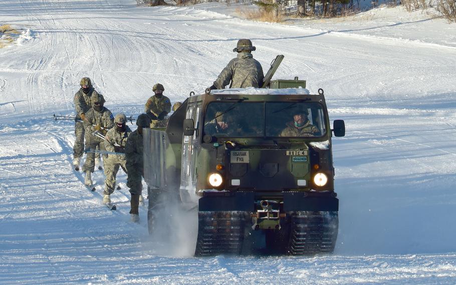 Soldiers ski along the course on the last day of competition in the U.S. Army Alaska Winter Games at the Black Rapids Training Site, March 5, 2021.