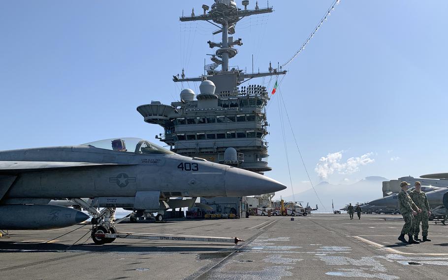 Aircraft are parked on the flight deck of the USS Harry S. Truman on May 11, 2022. The carrier arrived in Naples, Italy, the day before for a port visit.