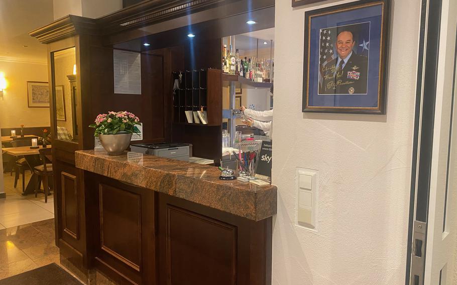 A signed portrait of retired Air Force Gen. Philip Breedlove, NATO supreme allied commander in Europe from 2013 to 2016, adorns the wall just inside the entrance to the Oelmuehle restaurant in Landstuhl, Germany. The restaurant is part of a family-owned hotel, and its entire menu is gluten-free.