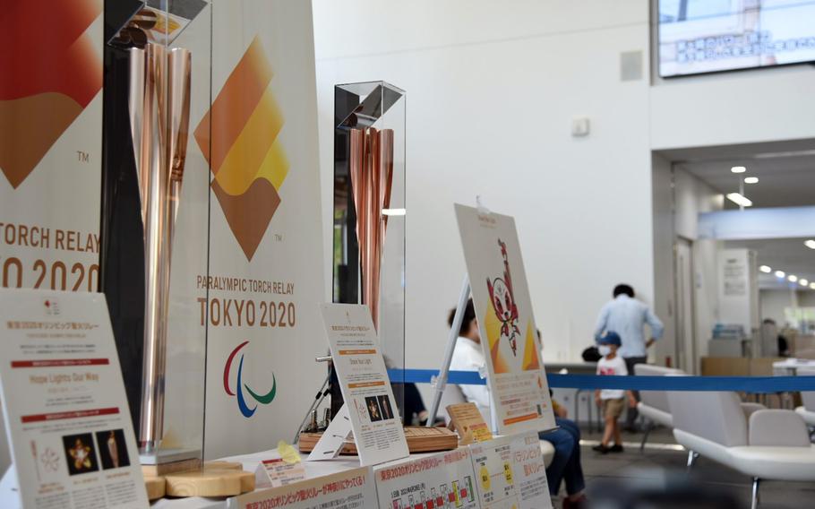 Torches for the Olympic and Paralympic games are on display at Chigasaki City Hall in Kanagawa prefecture, Japan, Tuesday, June 8, 2021. 