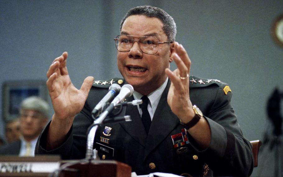 In this Sept. 25, 1991, file photo, Gen. Colin Powell, chairman of the Joint Chiefs of Staff, speaks on Capitol Hill in Washington, at a House Armed Services subcommittee. 