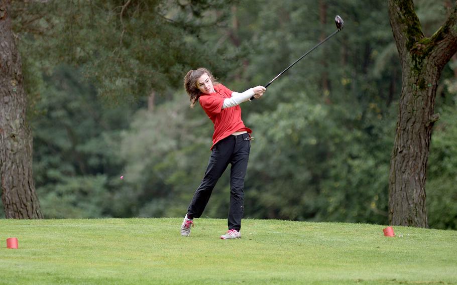 Shealee Moneymaker of Kaiserslautern tees off at hole No. 5 Wednesday during the first day of the DODEA European golf championships at Rheinblick Golf Course in Wiesbaden, Germany.