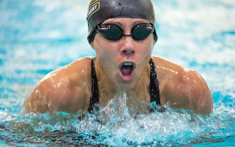 Then-Army Capt. Kelly Elmlinger swims breaststroke during the Warrior Games at the U.S. Military Academy in West Point, N.Y., June 20, 2016.