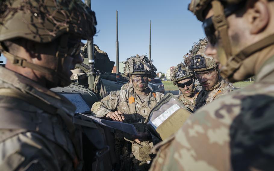 U.S. troops get ready for the next part of a training exercise in Kadrina, Estonia, on May 19. 