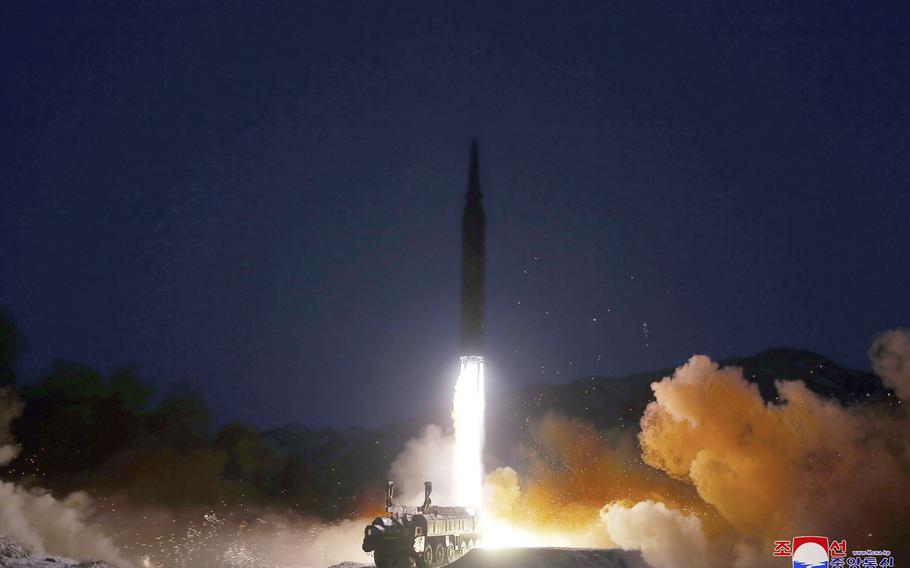 A hypersonic missile launches on Jan. 11, 2022 in North Korea, according to the North Korean government, which released this image on its state run media KCNA.