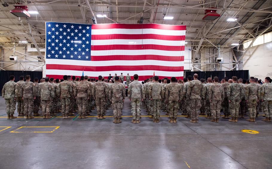 Members of Task Force Tomahawk stand in formation during a welcome home ceremony at Will Rogers Air National Guard Base in Oklahoma City, Thursday, Feb. 22, 2024.