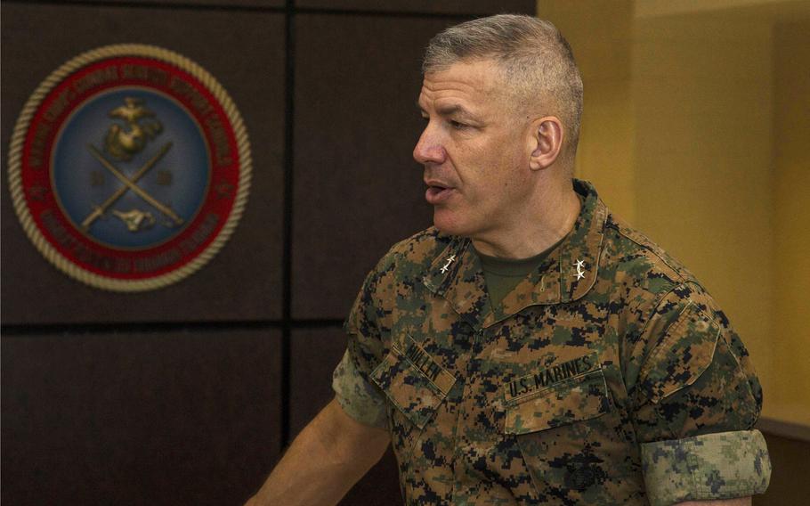 Marine Maj. Gen. William Mullen during a 2019 visit to Camp Johnson in North Carolina.