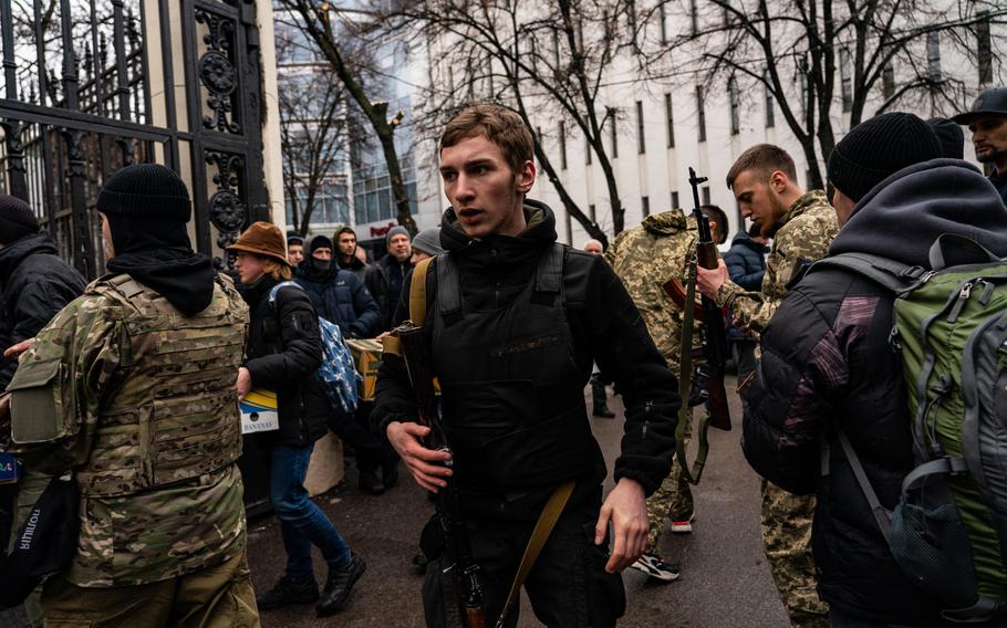 Ukrainians join the Territorial Defense Forces in Kharkiv in February 2022.