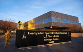 Headquarters Space Operations Command (SpOC) was furnished with new signage at Building 1, at Peterson Space Force Base, Colorado. (U.S. Space Force photo by Staff Sgt. JT Armstrong)